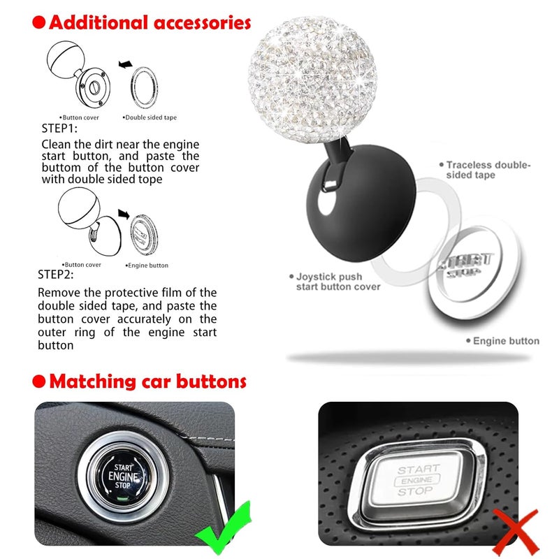 Zerikwon Bling Car Push Start Button Cover, Diamond Joystick Car Starter Button Cover Cute Car Accessories for Women Interior Car Push to Start Accessories Engine Start Button Cover Car Decor for Girls(White) - Image 5